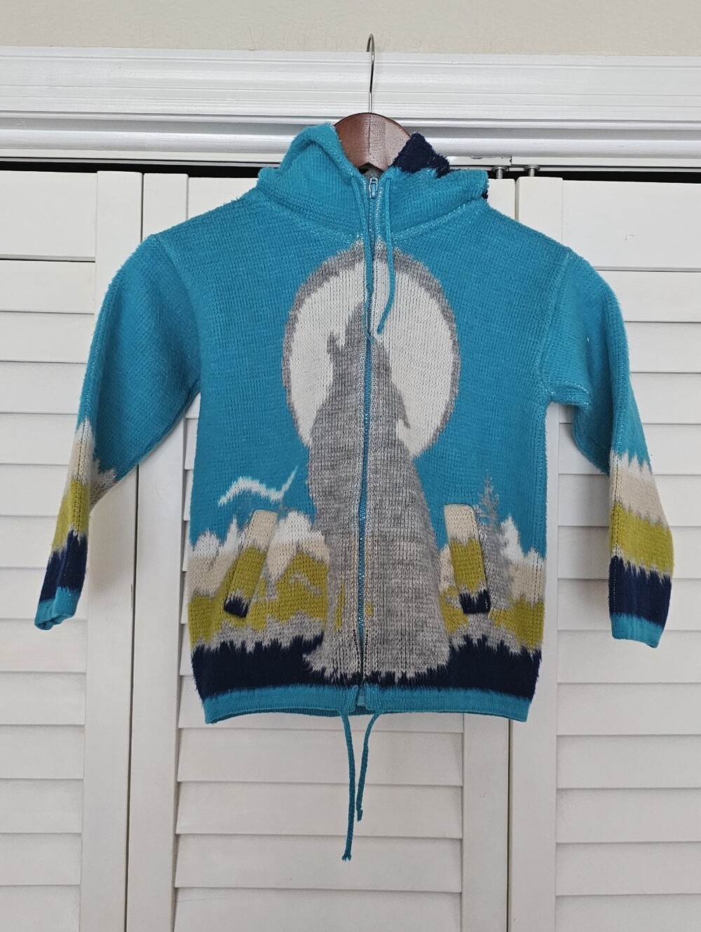 Artesanias Tuntaquimba Childs Sweater Sz 6 Howling Wolf Zip Up Hooded Turquoise